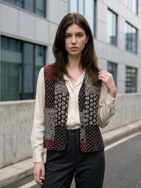 Patchwork style Floral Vest in Black and Burgundy Color Size L